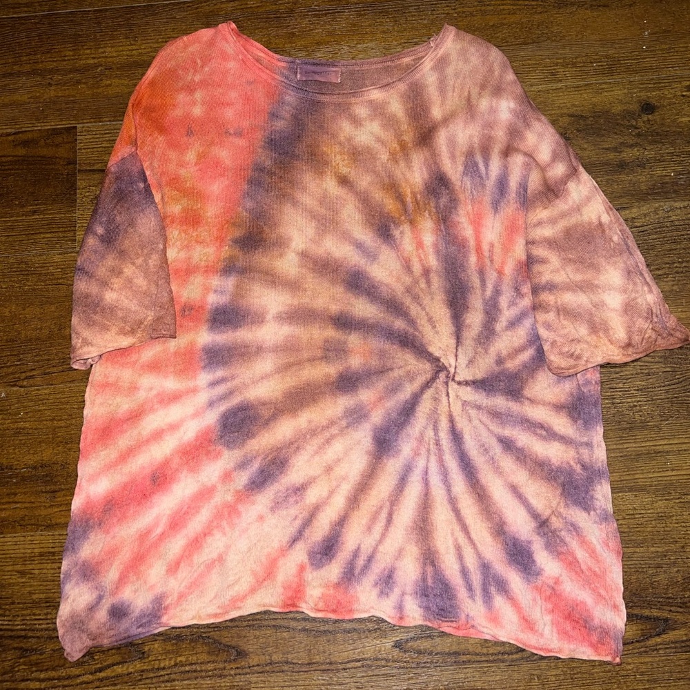 By Together Brown, Red & Purple Tie-Dye Linen Swoop Neck 3/4 Sleeve Top Size L